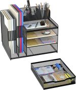 VIVSOL Desk Organizer with Mesh File Holder, 4-Tier Office Supplies Desk Organizers and Accessories with Sliding Drawers, 3 Trays & Pen Holder, Desk File Organizer and Storage for Office, School, Home - Image 3